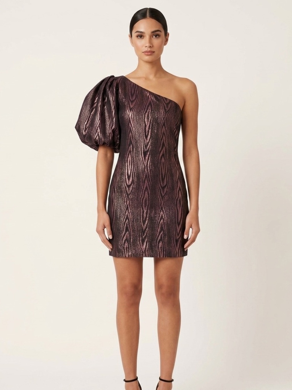 House of Holland Metallic Jacquard One Shoulder Balloon Sleeve Party Mini Dress